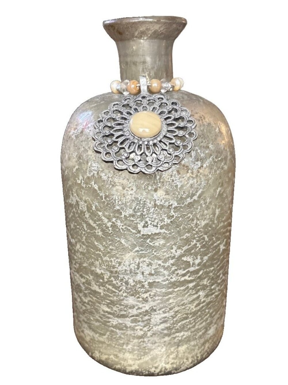 10” Champagne Color Crackle Decorative Glass Bottle Vase w/beaded jewel